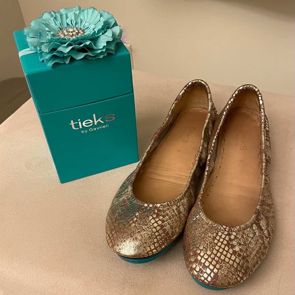 Size 9 Tieks. Wild Copoer in great condition Includes Box, bag and flower